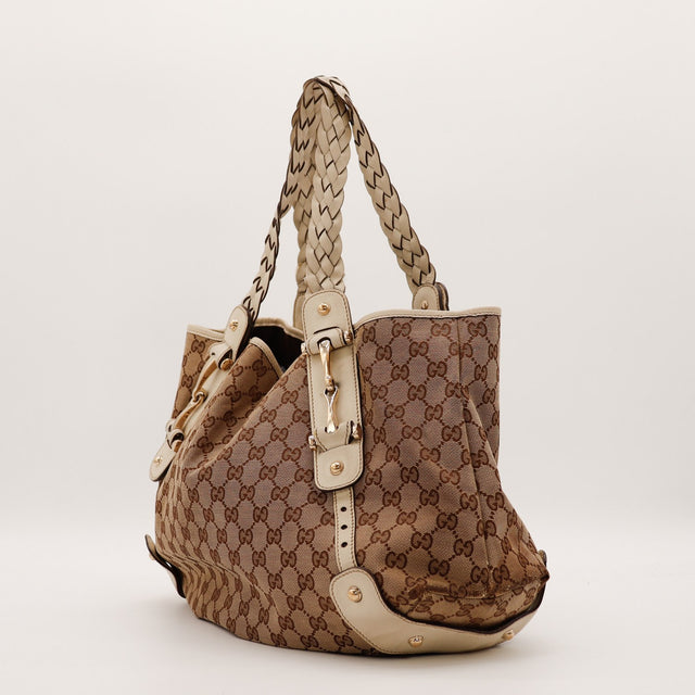 Sac Gucci Pelham Tote anses tressées ivoire vue de trois quarts occasion authentique — AMANA Vintage