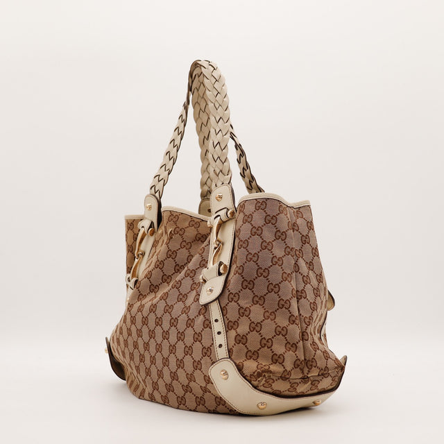 Détail finitions cuir ivoire et mors Gucci Pelham Tote occasion authentique — AMANA Vintage