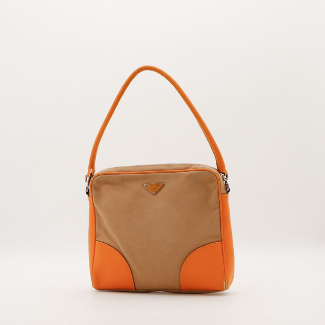 Sac à épaule Prada toile beige et cuir orange vue de face occasion authentique — AMANA Vintage