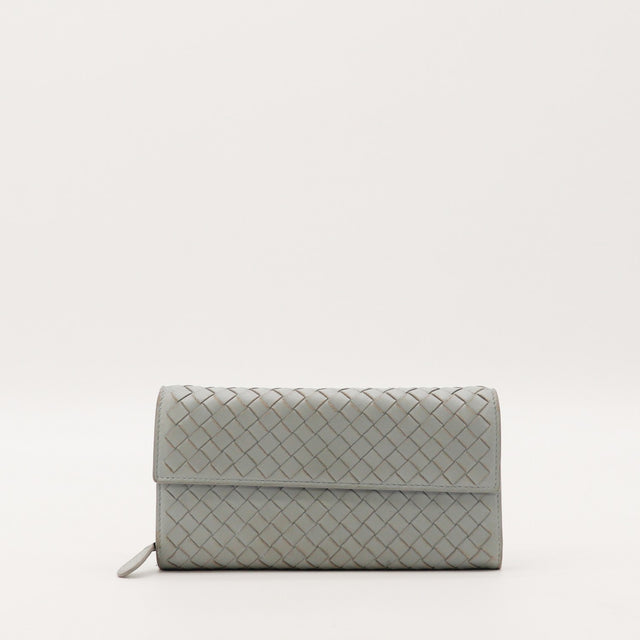 Portefeuille Bottega Veneta cuir Intrecciato gris vue de face occasion authentique — AMANA Vintage