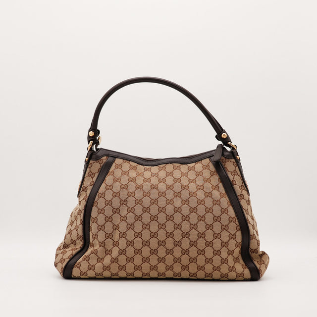 Hobo Gucci vue de face arrière toile monogrammée beige occasion authentique — AMANA Vintage