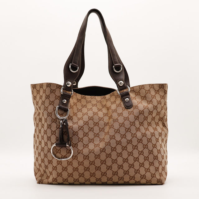 Tote Bag Horsebit Gucci toile monogrammée beige marron vue de face occasion authentique — AMANA Vintage