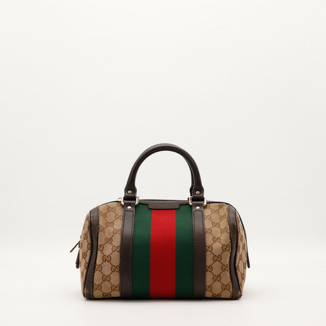 Sac Gucci Boston Joy Web toile monogrammée bande Web verte rouge vue de face occasion authentique — AMANA Vintage