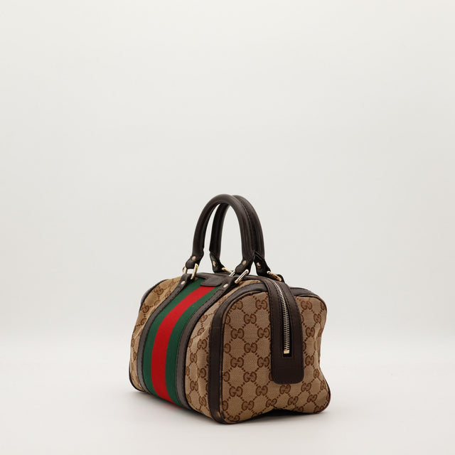 Sac Gucci Boston Joy Web vue de trois quarts gauche toile monogrammée occasion — AMANA Vintage