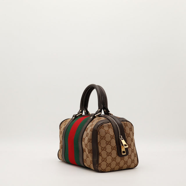 Sac Gucci Boston Joy Web vue de trois quarts angle occasion authentique — AMANA Vintage