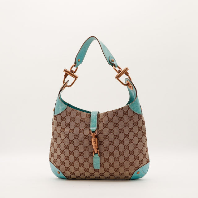 Sac Gucci New Jackie toile monogrammée et cuir turquoise vue de face occasion authentique — AMANA Vintage