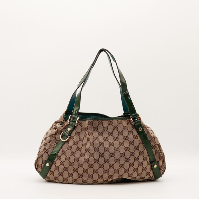 Sac Gucci Hobo toile monogrammée cuir verni vert vue de face occasion authentique — AMANA Vintage