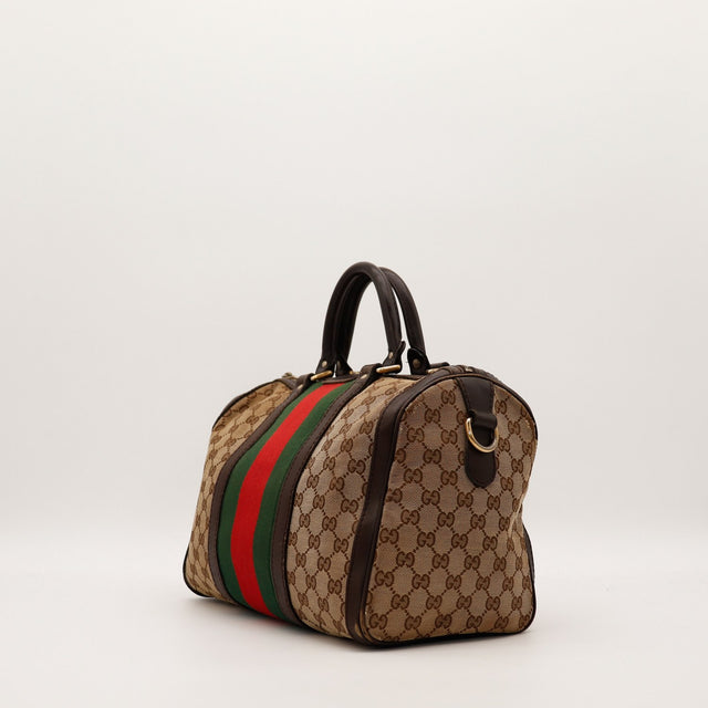Gucci Boston Web vue de trois quarts droite toile monogrammée — AMANA Vintage