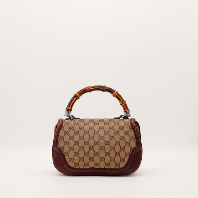Vue de dos Gucci Tote Bella Bambou toile monogrammée beige bordeaux — AMANA Vintage