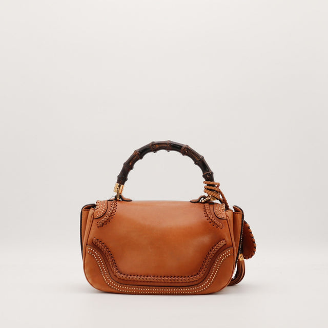 Vue de dos Gucci Tote Bag Bella Bambou cuir lisse camel occasion — AMANA Vintage