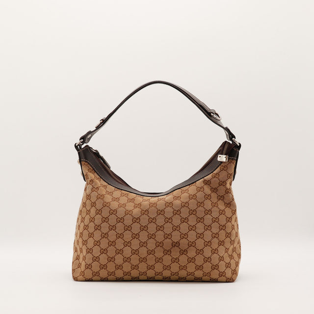 Sac Gucci Hobo vue arrière toile beige et cuir marron occasion authentique — AMANA Vintage