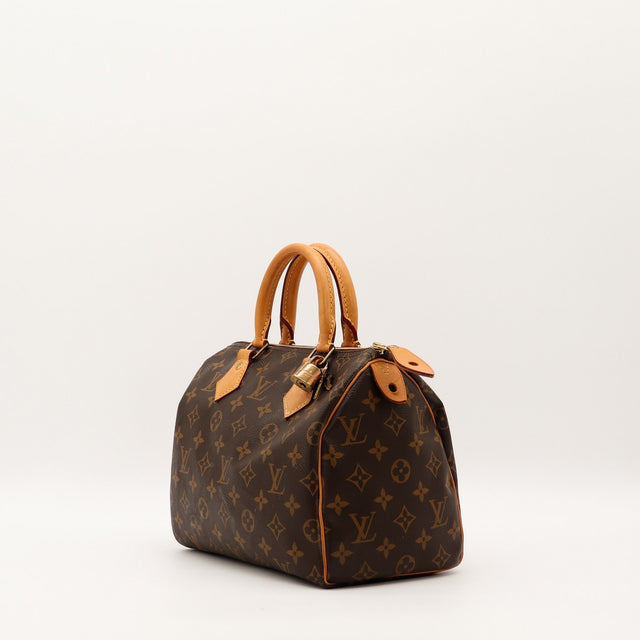 Sac Louis Vuitton Speedy 25 vue trois quarts cuir vachette patiné — AMANA Vintage