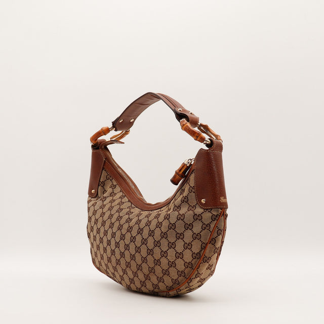 Sac Gucci Hobo Bambou vue de trois quarts cuir marron occasion authentique — AMANA Vintage
