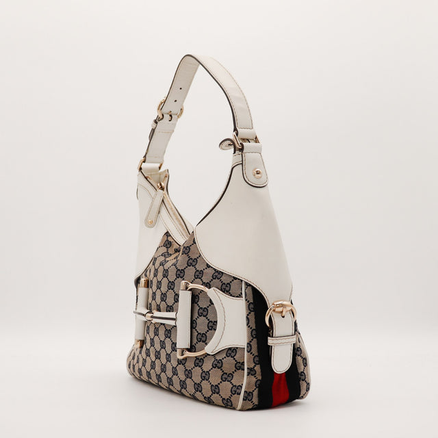 Hobo Gucci Horsebit vue de trois quarts gauche bande Web rouge noir — AMANA Vintage