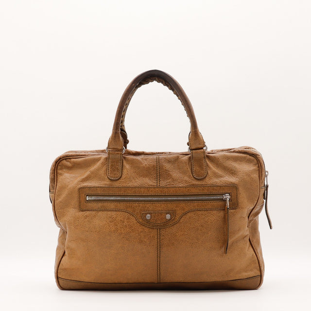 Sac Balenciaga Work cuir d'agneau froissé camel vue de face occasion authentique — AMANA Vintage