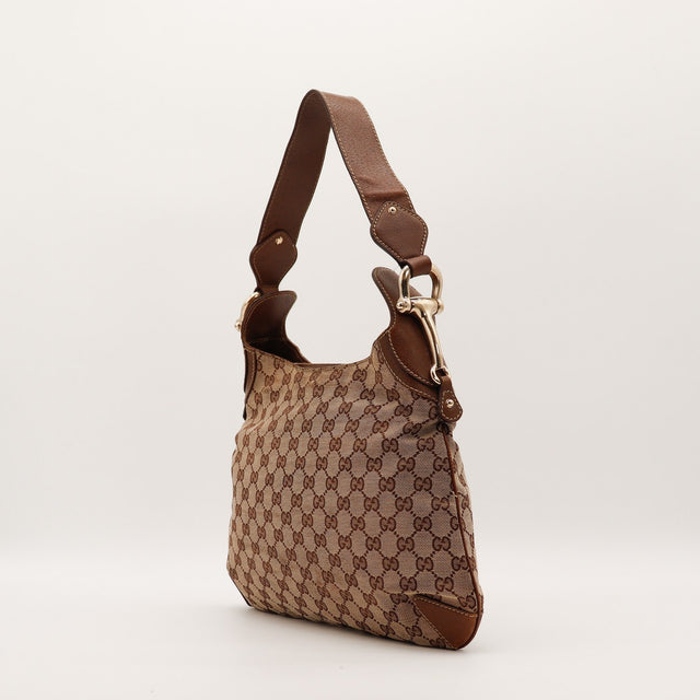 Sac Gucci Hobo vue de trois quarts toile beige et cuir cognac — AMANA Vintage