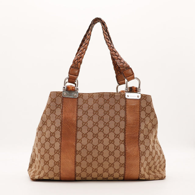 Tote Bag Bambou Gucci toile monogrammée anses tressées vue de face occasion authentique — AMANA Vintage