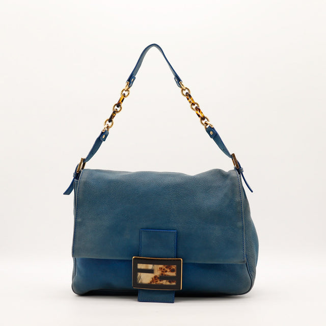 Sac Fendi Mamma Baguette cuir bleu vue de face occasion authentique — AMANA Vintage