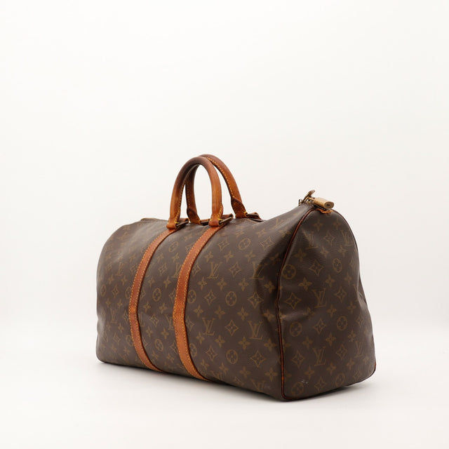 Louis Vuitton Keepall 50 vue de trois quarts droite toile Monogram cuir vachette — AMANA Vintage