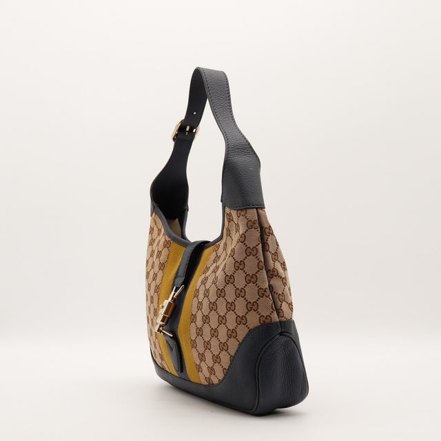 Sac Gucci Jackie vue de trois quarts bande Web jaune et bleue occasion authentique — AMANA Vintage