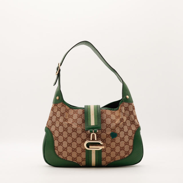 Sac Gucci Hobo Web toile monogrammée et cuir vert vue de face occasion authentique — AMANA Vintage