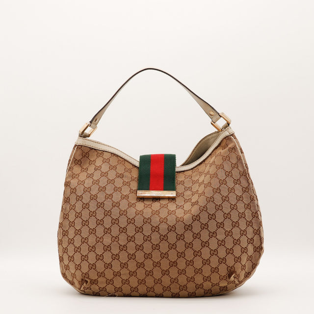 Sac Gucci Hobo Web toile monogrammée beige vue de face occasion authentique — AMANA Vintage