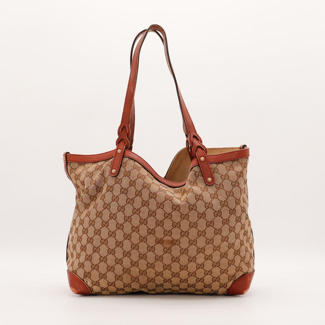 Tote Bag Gucci vue de face face arrière toile monogrammée cuir rouge — AMANA Vintage