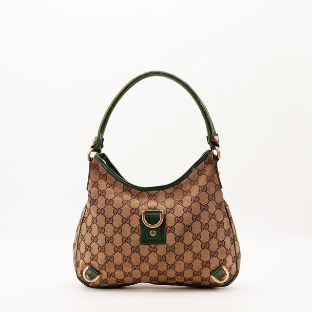 Sac Gucci Hobo toile monogrammée et cuir verni vert vue de face occasion authentique — AMANA Vintage