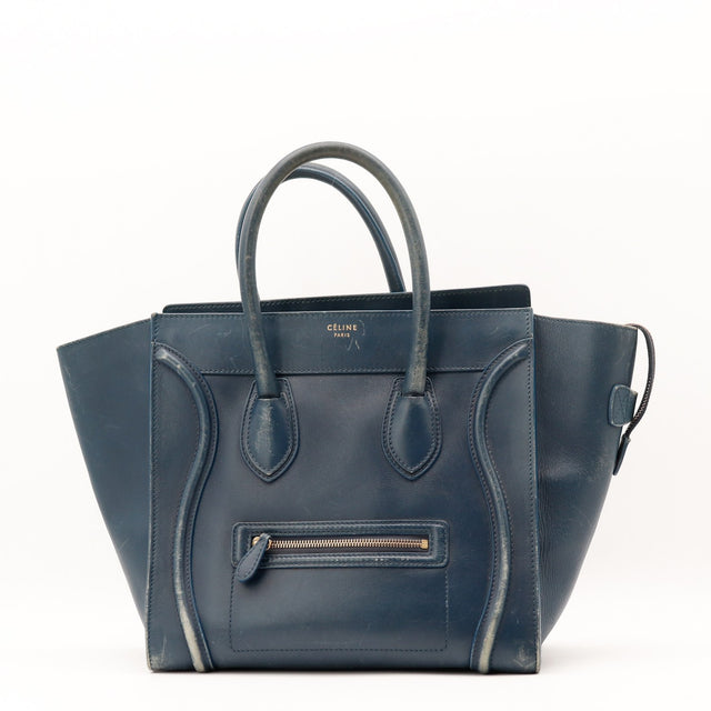 Sac Céline Luggage Mini cuir de veau lisse bleu marine vue de face occasion authentique — AMANA Vintage
