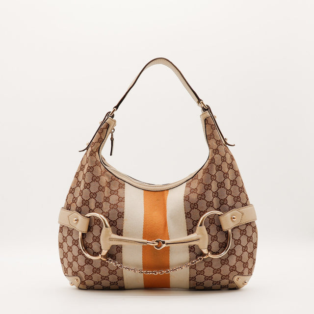 Sac Gucci Hobo Horsebit toile monogrammée bande Web vue de face occasion authentique — AMANA Vintage