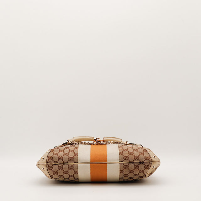 Sac Gucci Hobo Horsebit vue du dessous bande Web crème et orange occasion authentique — AMANA Vintage