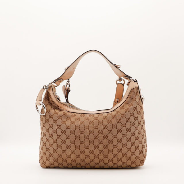 Sac Gucci Hobo toile monogrammée beige vue de face occasion authentique — AMANA Vintage