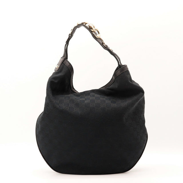 Détail du mors doré Gucci Hobo Horsebit toile monogrammée noire occasion authentique — AMANA Vintage
