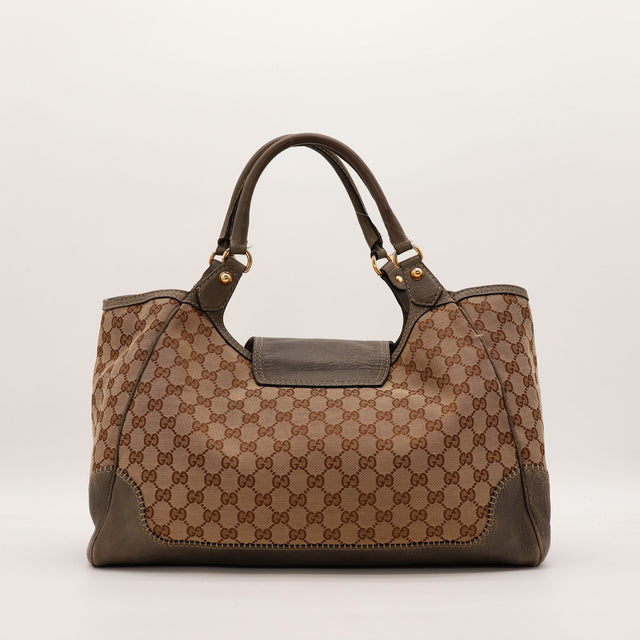 Vue de dos Tote Horsebit Gucci toile monogrammée beige cuir kaki — AMANA Vintage