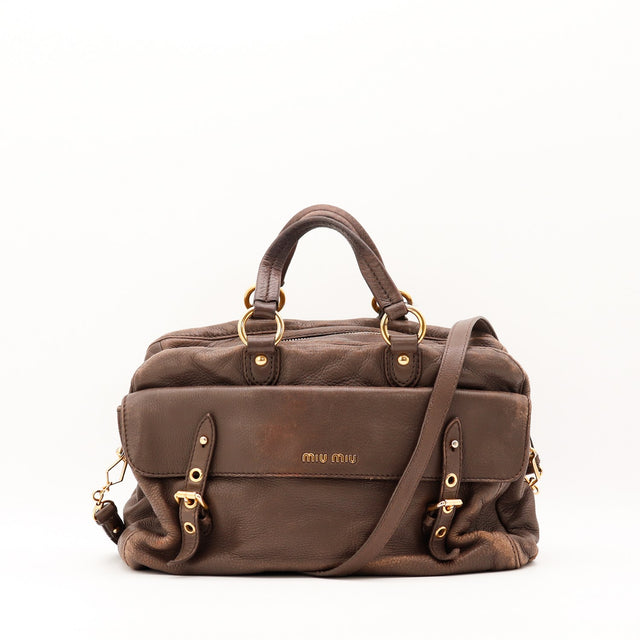 Sac Miu Miu Bowler cuir de chèvre grainé marron bronze vue de face occasion authentique — AMANA Vintage