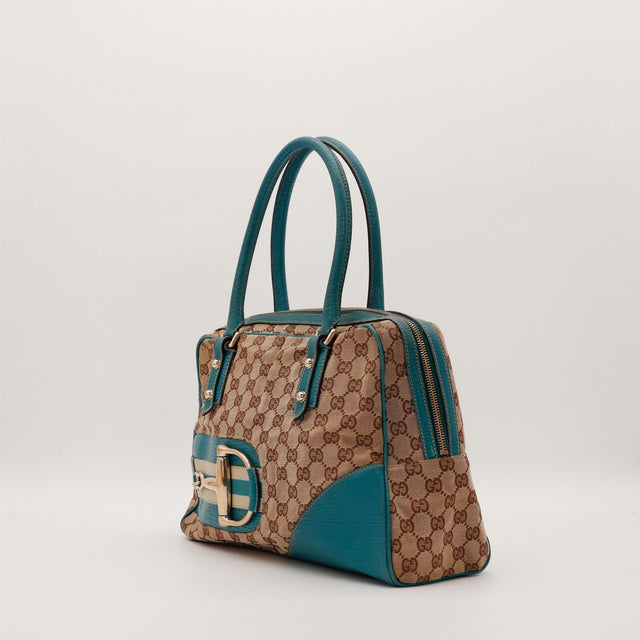 Vue de trois quarts Gucci Tote Horsebit bicolore beige turquoise occasion — AMANA Vintage