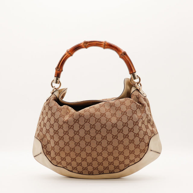 Sac Gucci Hobo Bambou toile monogrammée beige vue de face occasion authentique — AMANA Vintage