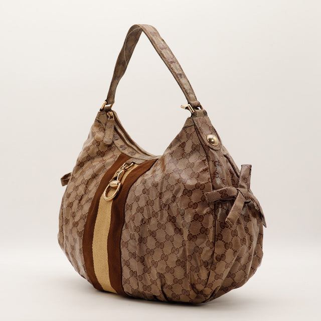 Sac Gucci Hobo Web vue trois quarts bande Web occasion authentique — AMANA Vintage