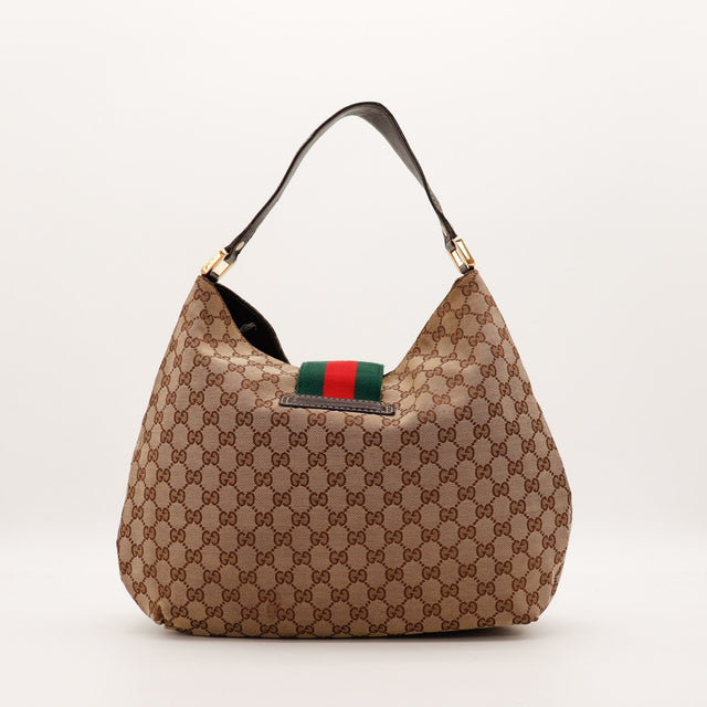 Gucci Hobo Web vue de profil angle droit toile monogrammée cuir marron — AMANA Vintage