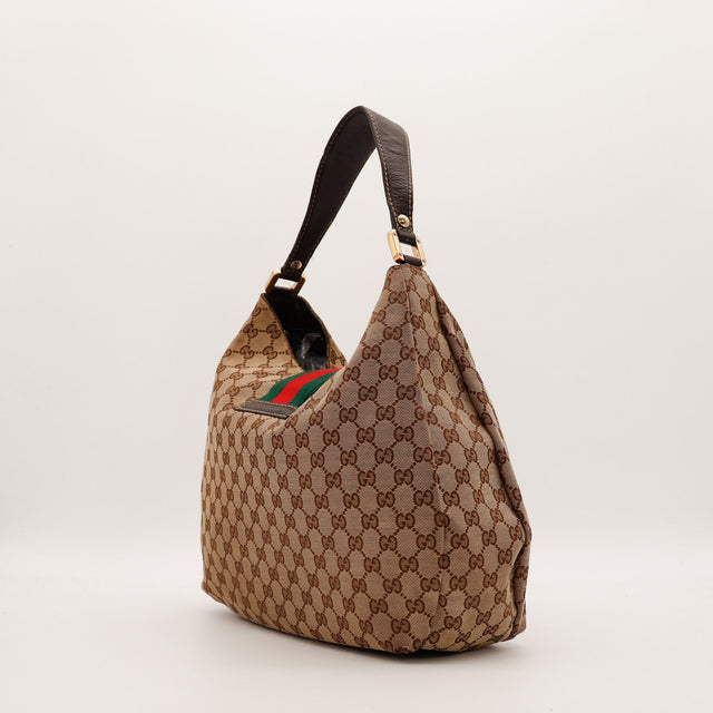 Gucci Hobo Web vue de profil angle gauche détail anse cuir foncé — AMANA Vintage