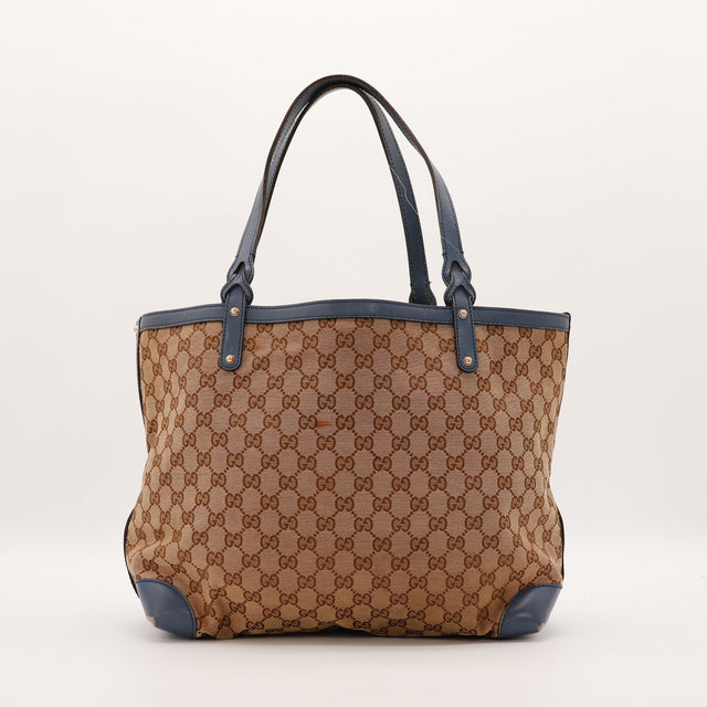 Vue de dos Tote Bag Bottega Veneta toile monogrammée cuir bleu marine — AMANA Vintage