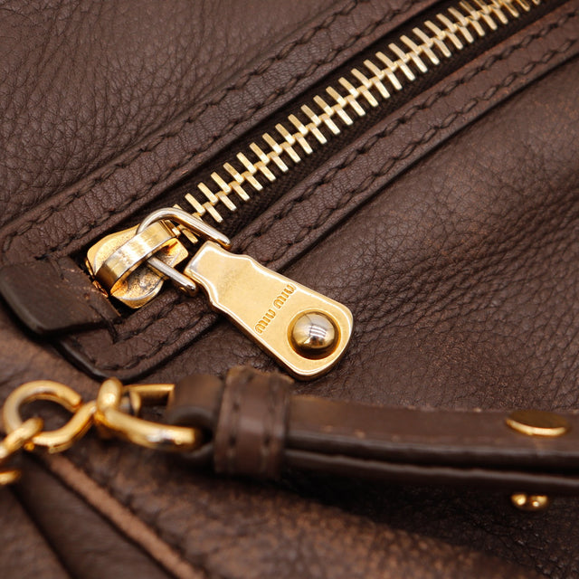 Vue de l'intérieur Miu Miu Bowler cuir de chèvre grainé marron bronze occasion authentique — AMANA Vintage