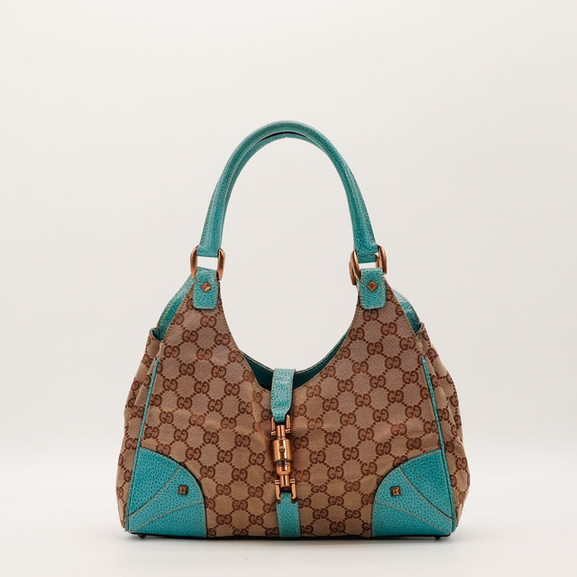 Sac Gucci New Jackie toile monogrammée et cuir turquoise vue de face occasion authentique — AMANA Vintage