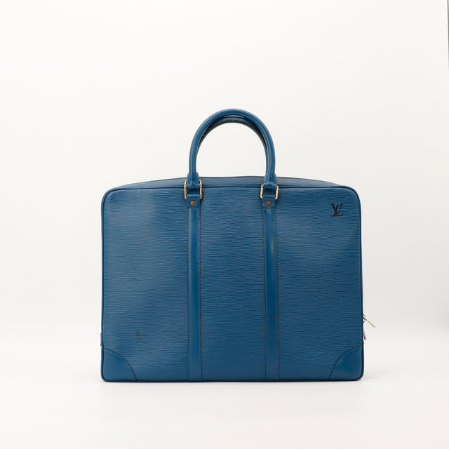 Porte-Documents Voyage Louis Vuitton Epi bleu vue de face face arriere — AMANA Vintage