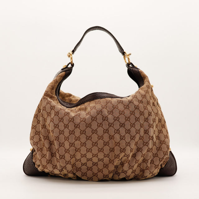 Hobo Gucci toile monogrammée beige marron vue de face occasion authentique — AMANA Vintage