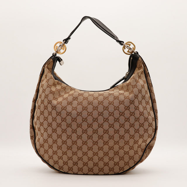 Hobo Gucci Interlocking G toile monogrammée cuir noir vue de face occasion authentique — AMANA Vintage