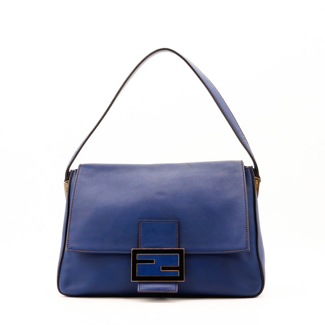 Sac Fendi Mamma Baguette cuir bleu vue de face occasion authentique — AMANA Vintage