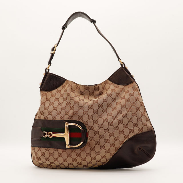 Sac Gucci Hobo Horsebit toile monogrammée vue de face occasion authentique — AMANA Vintage