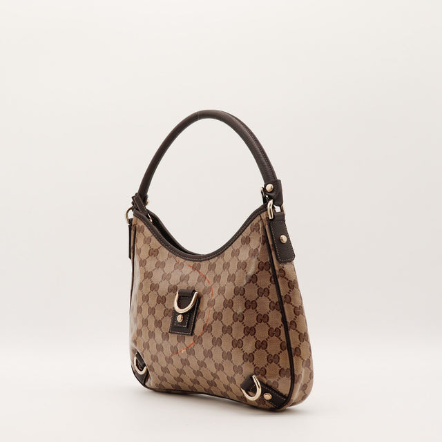 Sac Gucci Hobo vue de trois quarts toile beige et cuir marron occasion authentique — AMANA Vintage