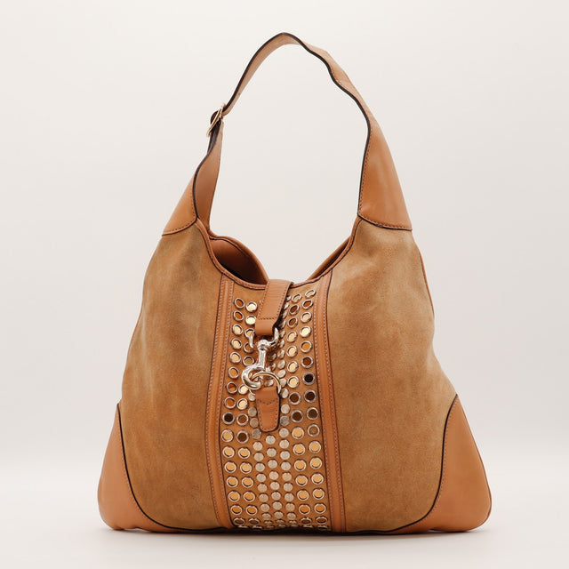 Sac Gucci New Jackie daim camel clous vue de face occasion authentique — AMANA Vintage